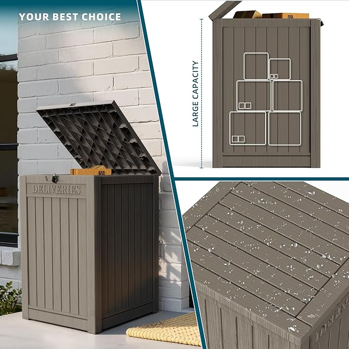 EasyUp Outdoor Package Delivery Box, 55-Gallon Lockable Parcel Drop Box, Large Double-Walled Resin Weatherproof Storage Deck Box for Porch and Patio (Gray)