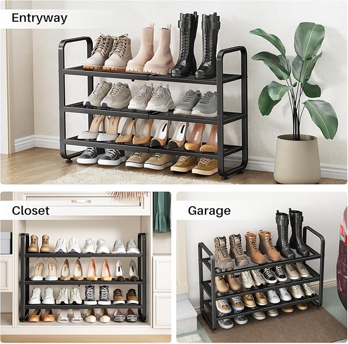 SNTD Shoe Rack - Expandable Shoe Organizer for Closet, Adjustable Metal Shoe Shelf Storage, Stackable Long Shoe Stand Holder for Garage, Entryway, Door Entrance (Black, 3-Tier)