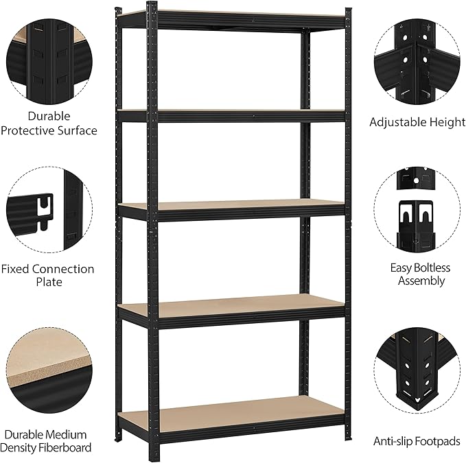 Topeakmart 5-Tier Utility Shelves, Metal Storage Shelves Garage Shelving Unit Adjustable Garage Storage Shelves Storage Racks Heavy Duty Shed Shelving- Black, 35.5 x 16 x 71 Inch