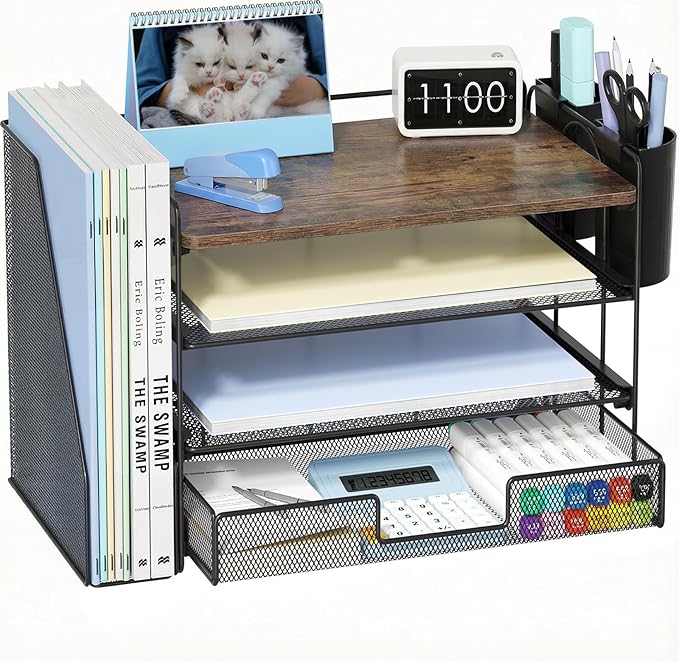 OPNICE Desk Organizers and Accessories, 4-Tier Desktop File Organizer with Drawer and 2 Pen Holders, Office Desk Accessories Workspace Organizers for Office Supplies(Wood)