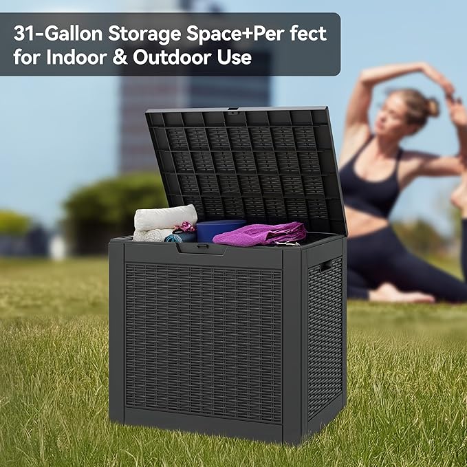 Outdoor Storage Deck Boxes Waterproof, Waterproof and UV Resistant Outdoor Storage Box Lockable Lid for Delivery Box, Indoor, Garden Tools, Pool Supplies, Patio (Black, 31 Gallon)