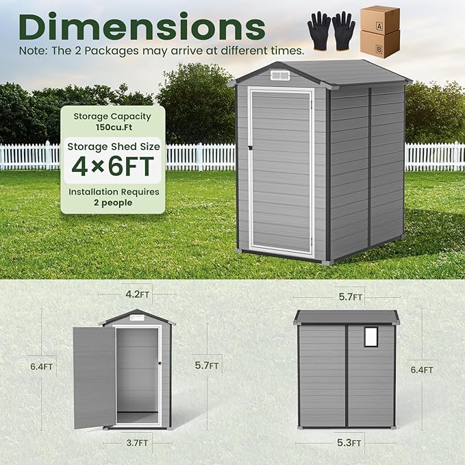 GVDV 4×6FT Outdoor Resin Plastic Storage Shed with Reinforced Floor, All-Weather Plastic Shed with Lockable Door, Window, Waterproof Tool Storage for Garden, Backyard, Patio, Tool Storage