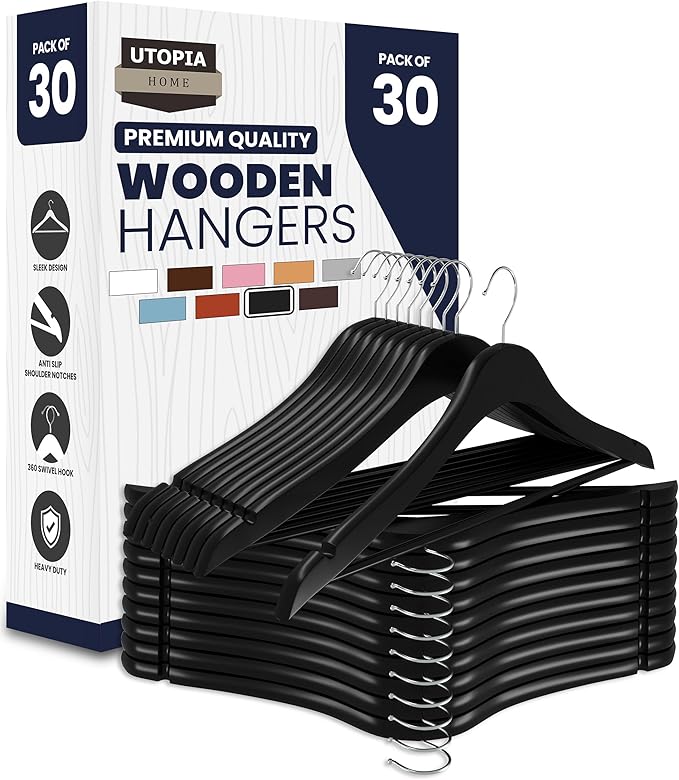 Utopia Home Premium Wooden Hangers 30 Pack - Durable & Slim Coat Hanger - Suit Hanger with 360-Degree Rotatable Hook - Wood Hangers with Shoulder Grooves (Black Color)