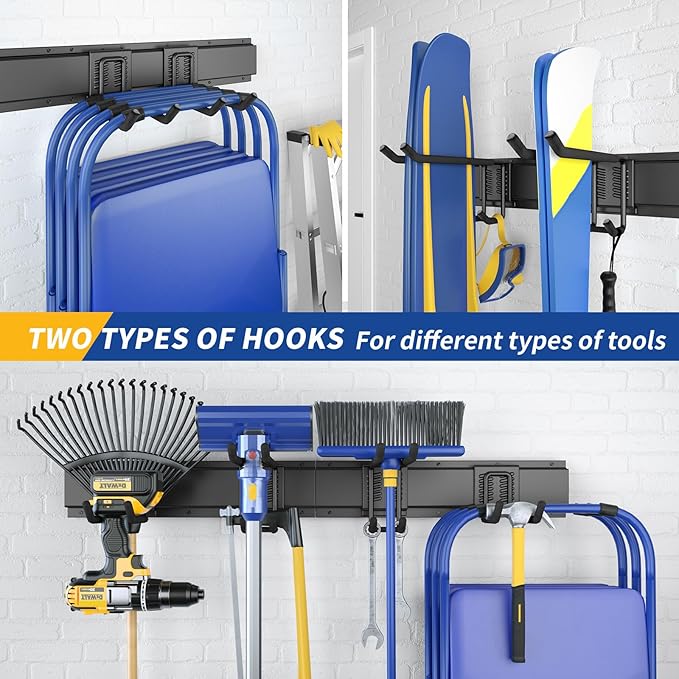 32 Inches Garage Storage, Garage Organization, Wall Mount Garden Tool Organizer, Max 300lbs Adjustable Metal Hooks, Yard Shed Hanging Rack, Heavy Duty Shelving for Rake Broom Mop Snowboard