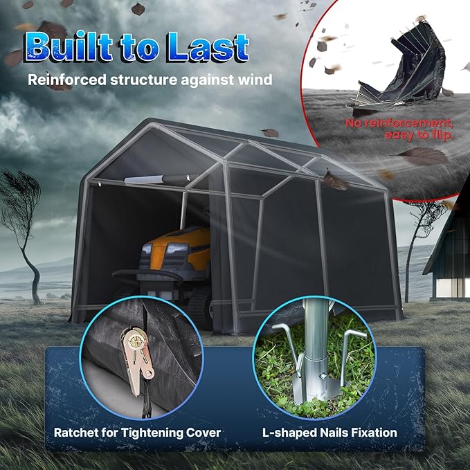 ADVANCE OUTDOOR 7x12 ft 2 Roll up Doors & Vents Outdoor Portable Storage Shelter Garage Tent Carport for Motorcycle ATV with Heavy Duty Metal Frame and Anti-UV Snow Resistant Waterproof Cover, Gray