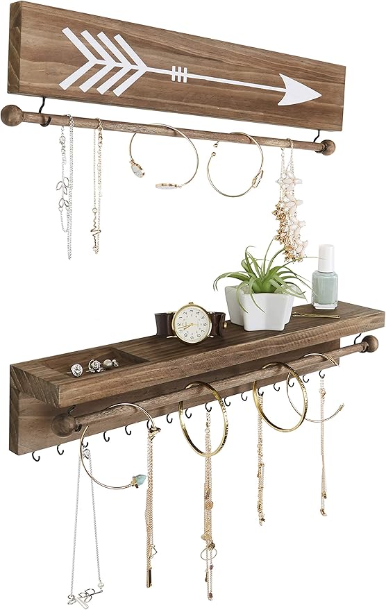 Rustic Necklace and Jewelry Organizer - Hanging Wall Mount Display - Mounted Wooden Holder for Earrings, Necklaces, Bracelets, and Many Other Accessories (Two Piece, Rustic)