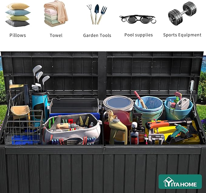 YITAHOME 180 Gallon Large Outdoor Storage XL Deck Box w/Divider for Patio Furniture,Outdoor Cushions, Garden Tools, Sports Equipment and Pool Supplies, Waterproof, Resin, Lockable, Black