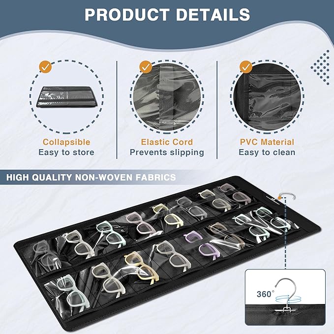 Hanging Sunglasses Organizer and Storage, Dual-Sided Sunglasses Case and Jewelry Holder, Wall-Mounted, 32 Clear Slots, Dust-Proof, Roof Design for Travel, Black