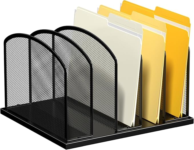 Large Size Desk File Organizer, Metal Mesh Vertical Desktop File Holder, 5-Section file organizer for Desk Home Office Black