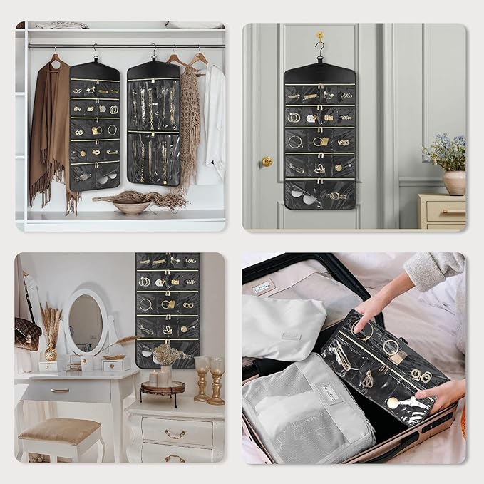 CHICECO Travel Jewelry Holder Organizer,Hanging Jewelry Organizer Storage with Zippered Pockets for Cloest,Jewelry Holder for Earrings, Necklaces（Black）