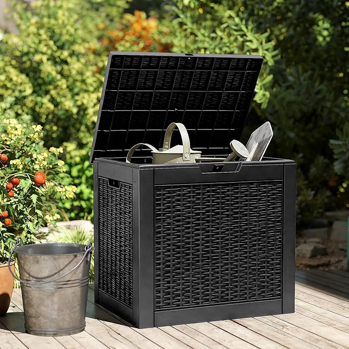 DUMOS 30 Gallon Deck Box, Lockable Outside Storage Box for Outdoor Use, Outside Waterproof Resin Package Delivery Box for Backyard Patio Garden