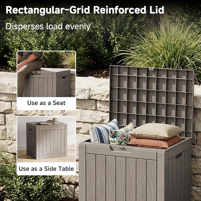 35 Gallon Outdoor Deck Box,Waterproof Resin Outdoor Storage Boxes, Outside Storage Lockable Container for Garden Tools,Indooor Cushions,Accessories (Grey)