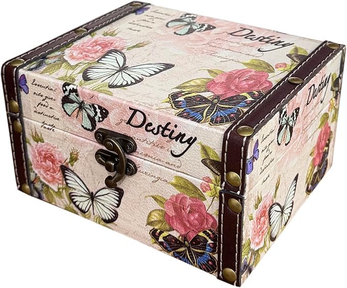 MIAO JIN Butterfly Jewelry Box Pink Storage Decorative Box for Jewelry Trinkets Photos Wood Treasure Chest Box for Women Girls Gifts Decorative Keepsake Box Home Decorations