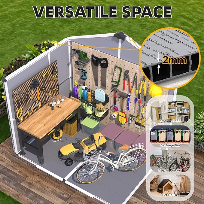 MELLCOM 8 x 6 FT Resin Outdoor Storage Shed with Floor, Resin Garden Shed with Windows and Lockable Door, Storage Tool Shed for Bike, Pool Supply, Lawnmower