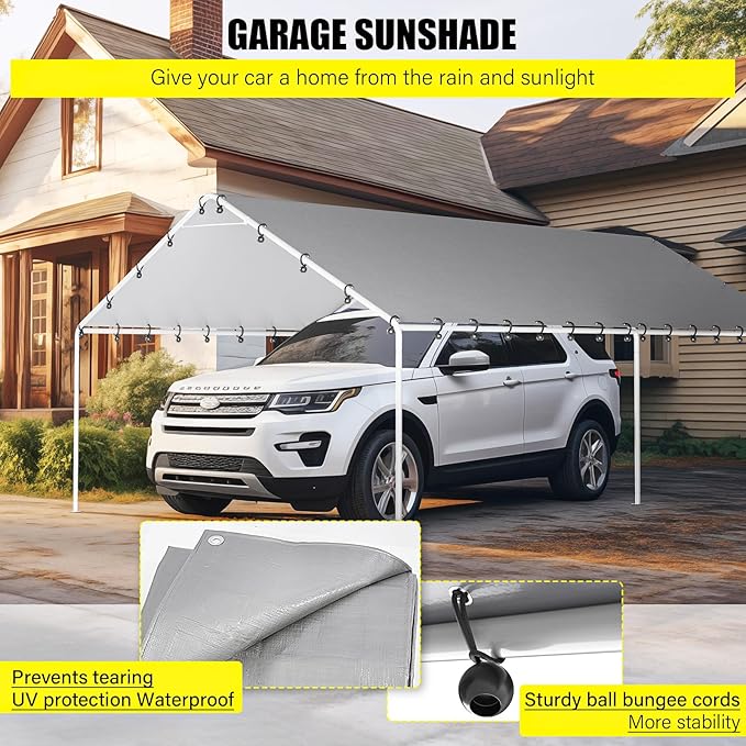 DWALE 10 x 20 Ft Carport,Replacement Canopy Cover Garage Top Tent Shelter Tarp,Grey with 48 Ball Bungee Cords Waterproof & UV Protected (Only Tarp Cover, Frame Not Include)