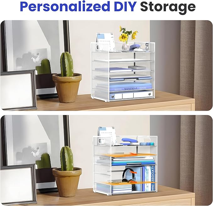 Daltack 6 Tier Paper Organizer for Desk, Paper Letter Tray Organizer for Desks, Mesh Desk File Organizers with Handle for Office, Home, School, White