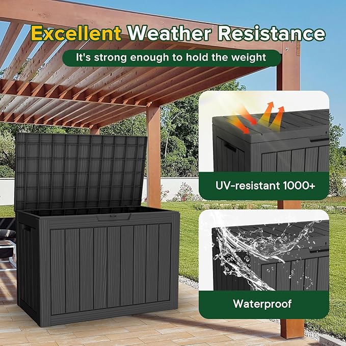 44 Gallon Outdoor Deck Box, Lockable Waterproof Outdoor Storage Boxes For Garden Tools,Indoor Cushions,Accessories Outside Storage Resin Weatherproof Container(Black)