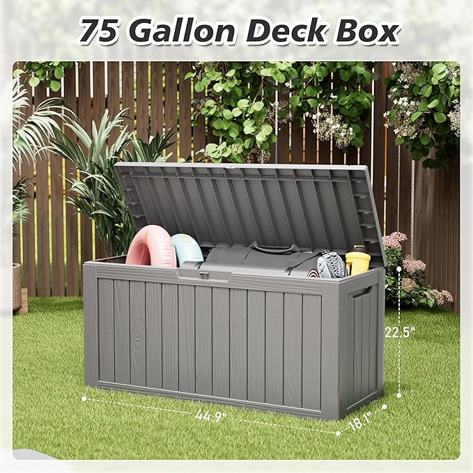 KAMABOKO Deck Box, 75 Gallon Resin Indoor and Outdoor Storage Boxes Waterproof for Garden Tools, Pool Accessories Storage Bench, Patio Furniture and Cushions with Lockable Lid, Grey
