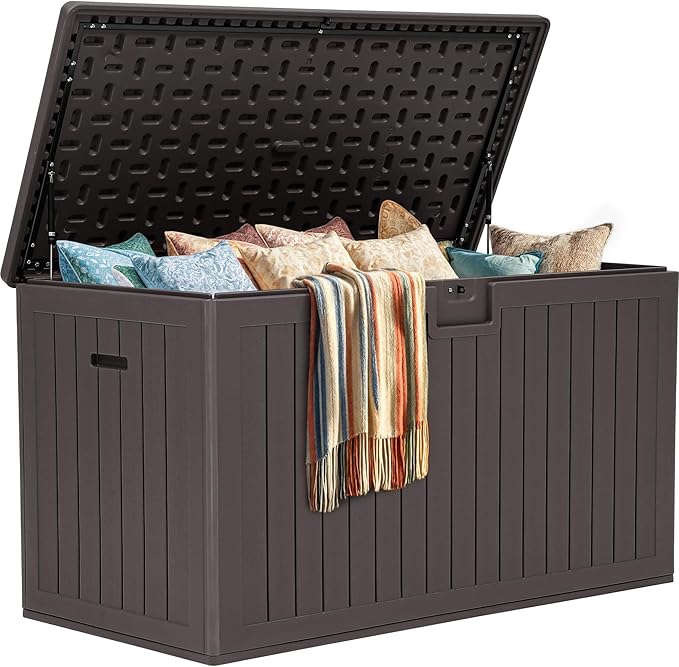 YITAHOME 220 Gallon Extra Large Deck Box, Double-Wall Resin Outdoor Storage Box with Flexible Divider for Patio Cushions Pool Supplies Garden Tools, 990 lbs Load Capacity, Lockable (Brown)