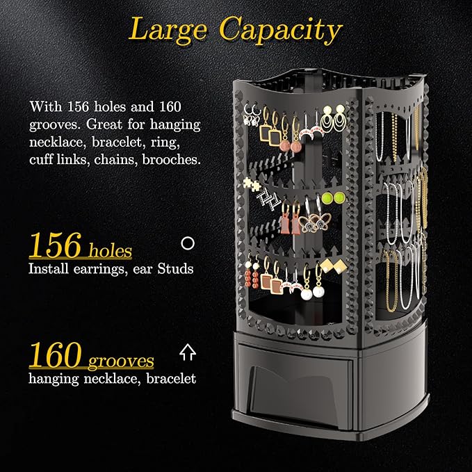 Hanging Jewelry Organizer with 10 Silver Polishing Cloths, Jewelry Holder with 156 Holes and 160 Grooves for Earring, Necklaces, Bracelet with Rotating Hanger, Easy Assembly (Black)