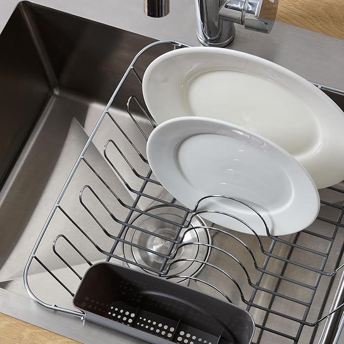 Dish Drying Rack & Cutlery Holder 2 Piece Set - Compact Sink-Fitting Dish Drainer with Rubberized Undercoating, Space-Saving Kitchen Organizer for Plates, Cups, Bowls & Utensils in Sink, Gray
