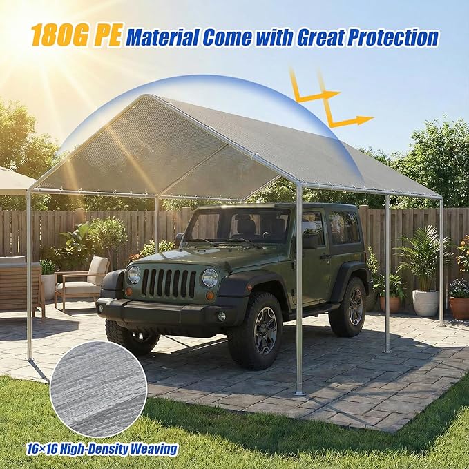 10x20Ft Carport Replacement Canopy Cover, Heavy Duty Waterproof Garage Top Shelter Cover Car Canopy with Ball Bungees (Gray, 10 * 20ft)