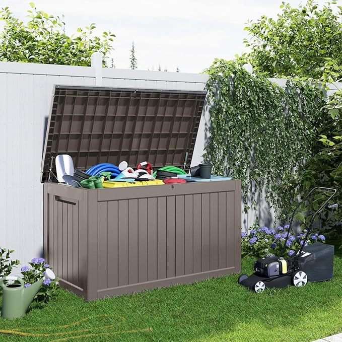 280 Gallon Outdoor Deck Box,Waterproof Resin Outdoor Storage Boxes, Outside Storage Lockable Container for Garden Tools,Indooor Cushions,Accessories (Grey)