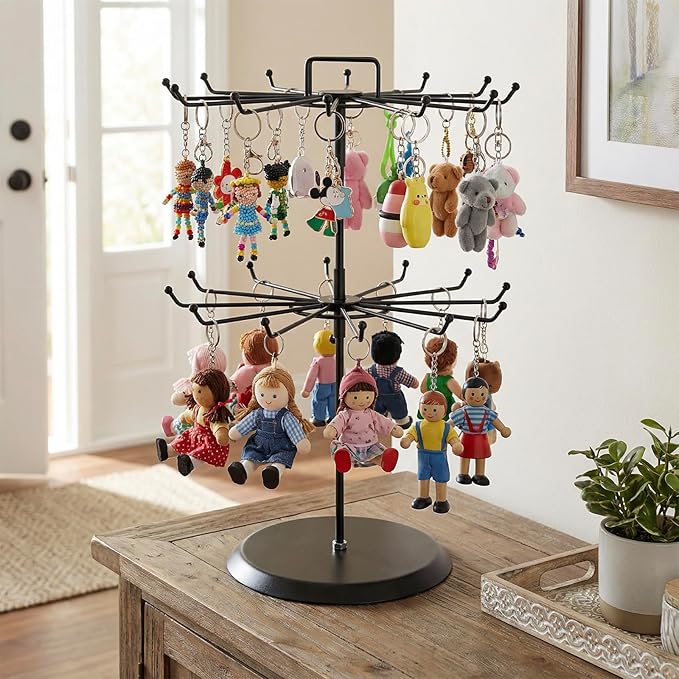 MyGift 2 Tier Black Metal Rotating Necklace tree stand for vendor & bracelet holder Jewelry Stand with 24 Hooks, Multipurpose Accessory and Keychain Spinning Display with Top Handle Card organizer