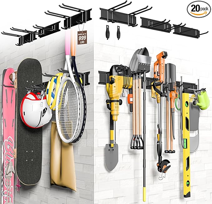 Garage Tool Organizer Wall Mount, 96" Heavy-Duty Metal Wall Organizer, 6 Rails with 12 Adjustable Hooks, Garden Storage Rack for Organization, Sturdy Tool Hanging Holder for Shovel Shed Yard