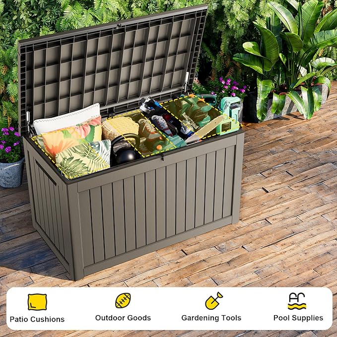 ROJIK Outdoor Storage Housing Deck Box - Waterproof Patio Furniture, Garden Tools, Cushions, Pool Accessories Storage Bench with Lockable Lid and Side Handles (Grey 238 Gal)