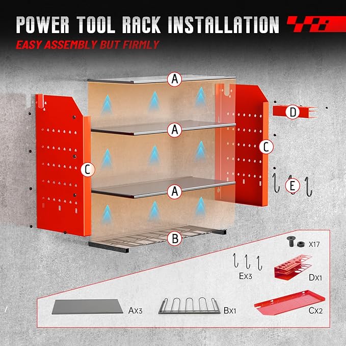 Wall Organizer for Power Tool Storage, Garage Tool Organizer with 4 Holders for Cordless Tools.With Hooks tool Hangers for Garage Wall.Red