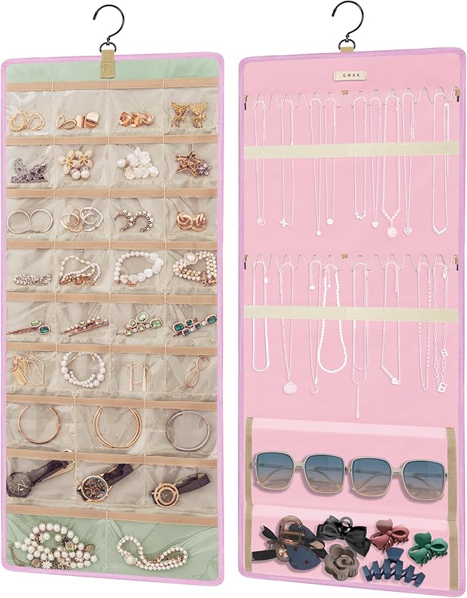 GMAK Hanging Jewelry Organizer with Hanger Metal Hooks, Double-Sided Jewelry Holder Accessories Organizer Storage Roll for Jewelry, Earrings, Bracelets, Necklaces, Rings - Pink