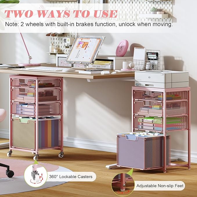 4 Drawer Rolling File Cart Under Desk Storage, File Cabinets for Home Office, Mobile Filing Cabinet, Hanging File Organizer with Wheels, Utility Cart Printer Stand, Pink