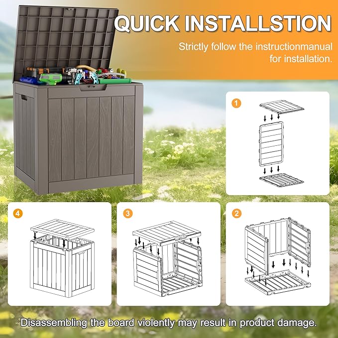 KAMABOKO Deck Box, 32 Gallon Resin Indoor and Outdoor Storage Boxes Waterproof for Garden Tools, Pool Accessories Storage Bench, Patio Furniture and Cushions with Lockable Lid, Grey