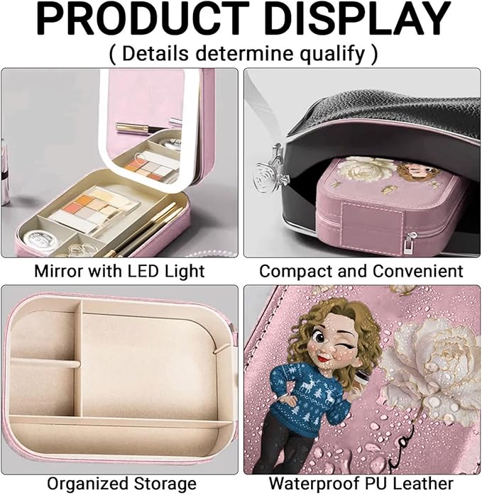 Bloom Within - Personalized Jewelry Box with LED Mirror, Birth Flower Jewelry Storage Box for Bestie, Cartoon Girl Custom Leather Jewelry Box, Floral Jewelry Organizer for Women, Bestie Gifts