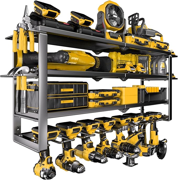 Large Power Tool Organizer Wall Mount, 4-Tier Rack with Charging Station & 8 Drill Holders, Garage Workshop Tool Storage, Gift for Husband/Dad