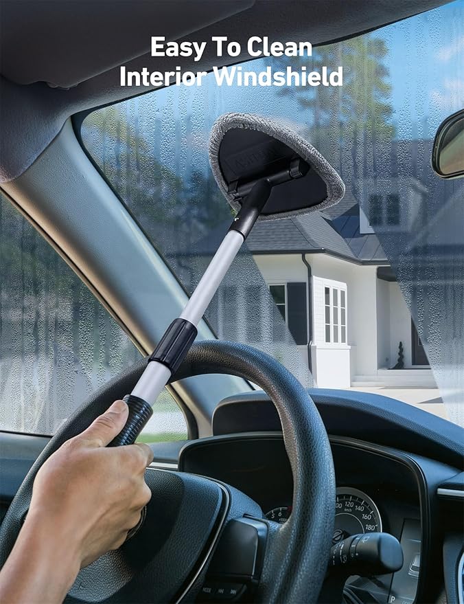 AstroAI Windshield Cleaner Tool, Car Interior Window Detailing Cleaning Kit with Extendable Handle and 4 Easy-to-Install Reusable Microfiber Pads, Auto Glass Wiper Brush Kit for Car&Home, Gray, 21in