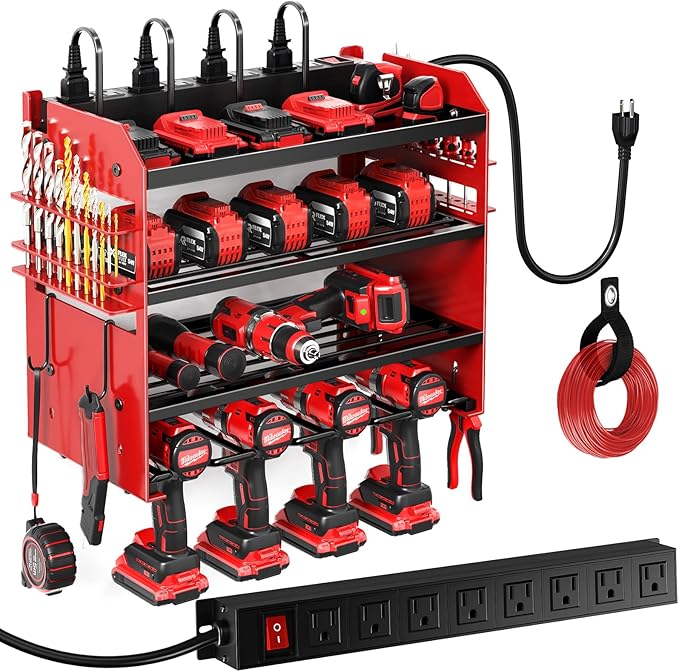 Power Tool Organizer Wall Mount with Charging Station,Tool Storage Rack with 8 Outlet Power Strip,Heavy Duty Metal Battery Utility Rack with 4 Cordless Drill Holder 6.56 Ft Cord for Garage