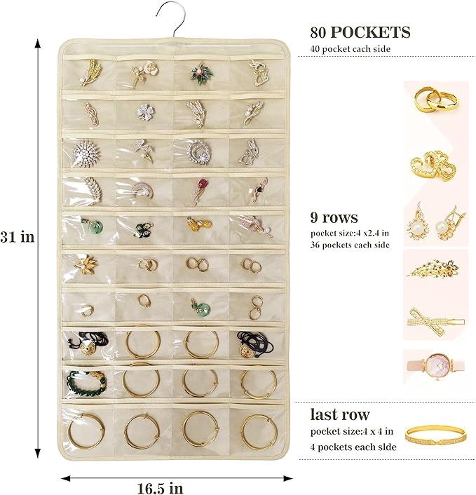 80 Pocket Hanging Jewelry Organizer with Hanger Metal Hooks Storage On Wall Door Closet Double-Sided(Each Side 40 Pockets) Jewelry Holder for Earrings, Necklaces, Rings (Beige)