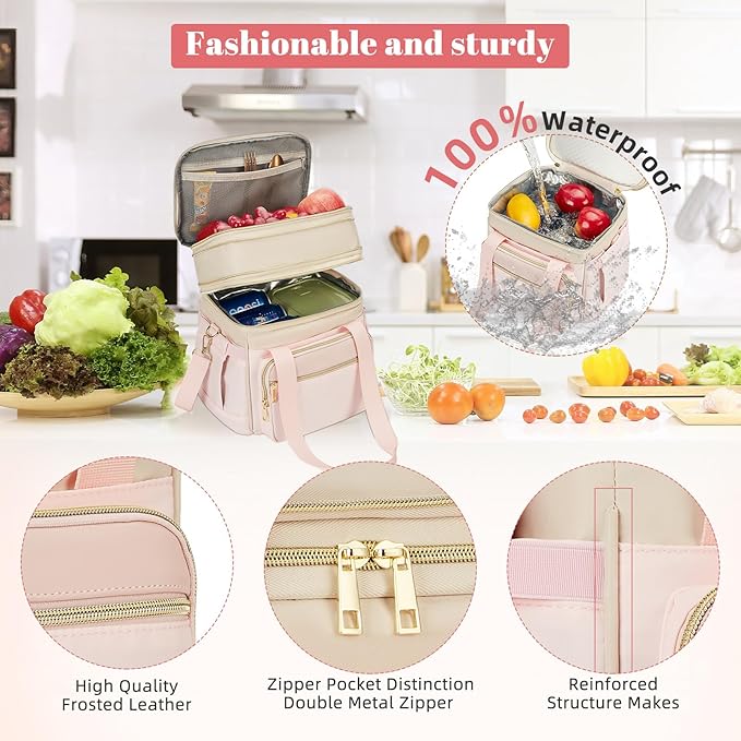 Insulated Lunch Bag & Lunch Box for Women - Double Deck Reusable Lunch Bag for men Tote Cooler Bag Leakproof Soft Expandable - Large Lunchbox for Work/Adult/Picnic/Outdoor (Pink，15L)