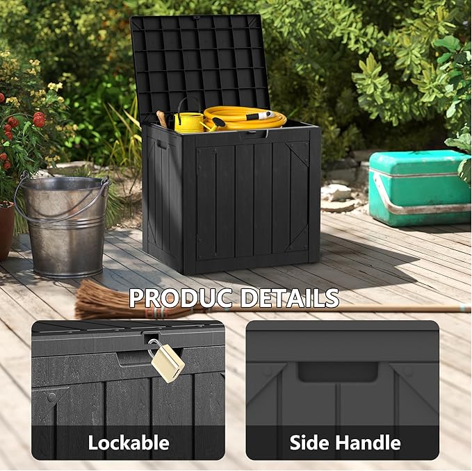 Outdoor Storage Box, 30 Gallon Lockable Resin Deck Box Waterproof, Patio Storage Bin for Furniture Cushion, Garden Tools and Pool Accessories, UV-Resistant Bench Cabinet for Outside, Black