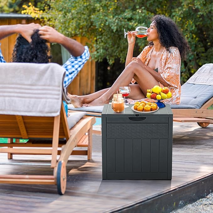 ZYJOYY 33 Gallon Resin Deck Box Waterproof Outdoor Storage Box and Patio Furniture Side Table for Pool Accessories, Gardening Tools, Outdoor Indoor Cushions, Lockable, UV Resistant