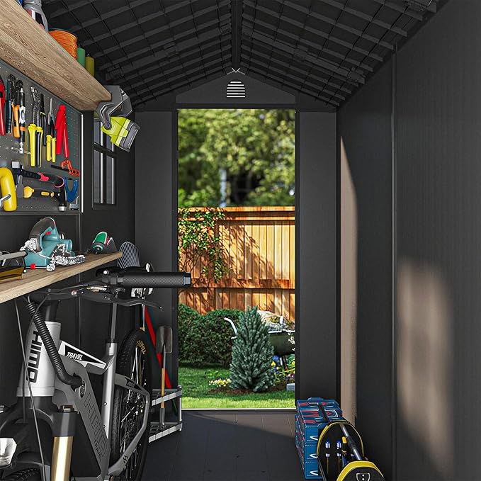 Patiowell 4 x 8 FT Plastic Outdoor Storage Shed with Floor, Garden Tool Shed with Two Windows and Single Lockable Door for Garden, Backyard, Lawn, Easy to Install, Dark Grey