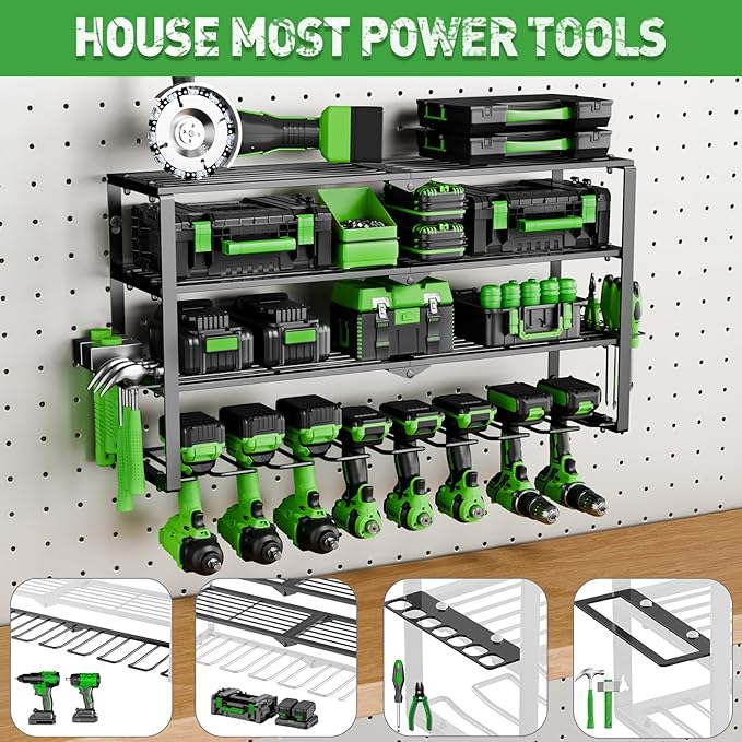 Power Tool Organizer Wall Mount, 4 Layers Tool Storage Rack with 8 Cordless Drill Holders, Power Tool Shelf Loads 400lbs for Garage, Warehouse, Workshop, Gifts for Men, Husband