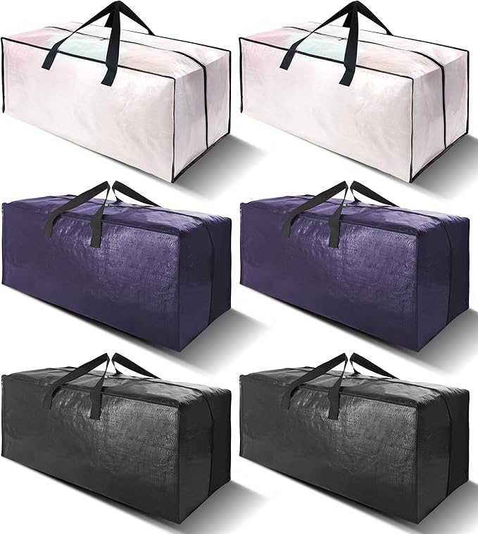 6 Pack Heavy Duty Large Moving Bags W/Backpack Straps - Strong Handles & Zippers, Storage Totes, Fold Flat, Alternative to Moving Box and Storage Bin, Semi-Transparent+Blue+Black