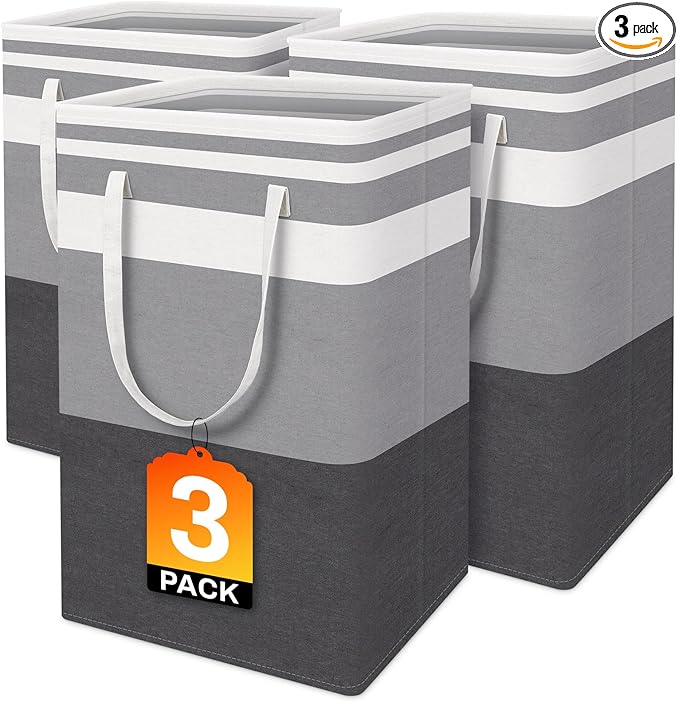 BlissTotes 3-Pack Laundry Basket, Freestanding＆Waterproof Laundry Hamper, Collapsible Tall Clothes Hamper with Easy Carry Handles for Clothes, Towels in the Family and Dorm,Gradient Grey,75L