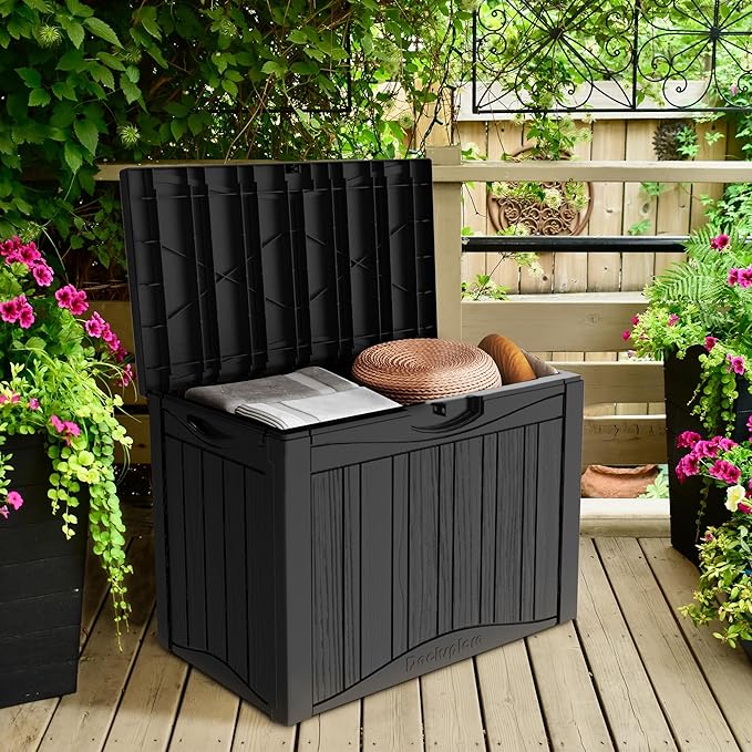 50 Gallon Lockable Resin Outdoor Storage Box, Waterproof & Weather Resistant Deck Box for Patio Cushion, Garden Tools & Pool Accessories, Black