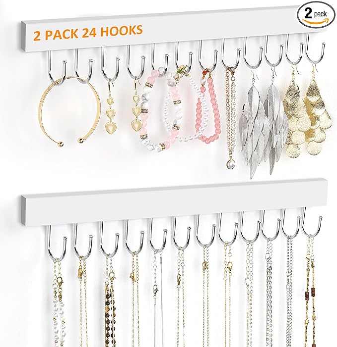 2 Pack Necklace Holder Wall Mounted, Hanging Jewelry Organizer with 24 Hooks Wooden Wall Necklace Hanger for Jewelry Storage, White