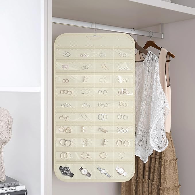 1 Pack Hanging Jewelry Organizer 80-Pocket Dual-sided Jewelry Storage for Earring Necklace Bracelet Ring Travel Holder, Beige