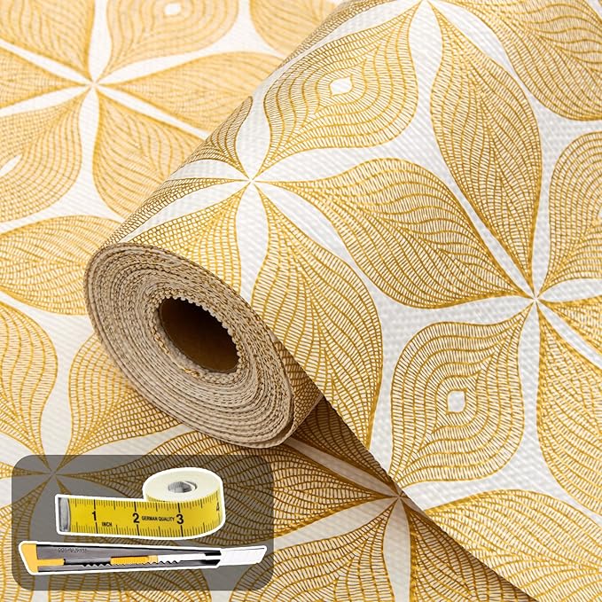 Shelf Liners for Kitchen Cabinets 17in x 20FT, Non Adhesive Cabinet Liner Strong Non-Slip Golden Leaf Drawer Liner, Easy to Clean for Shelf, Cabinet with Knife and Tape Measure